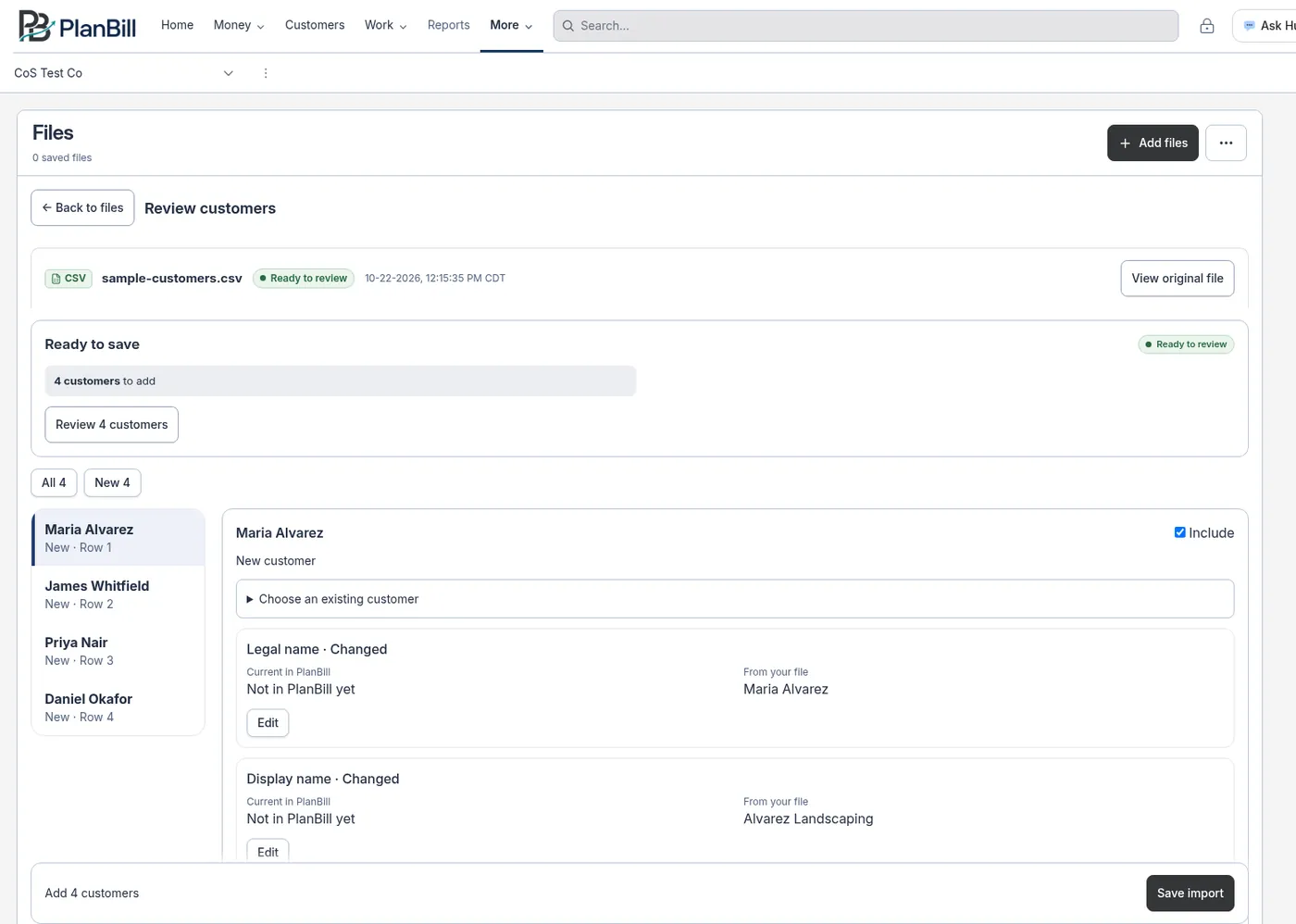 The Review customers step of a CSV import, with four new customers from the file and the Save import button.