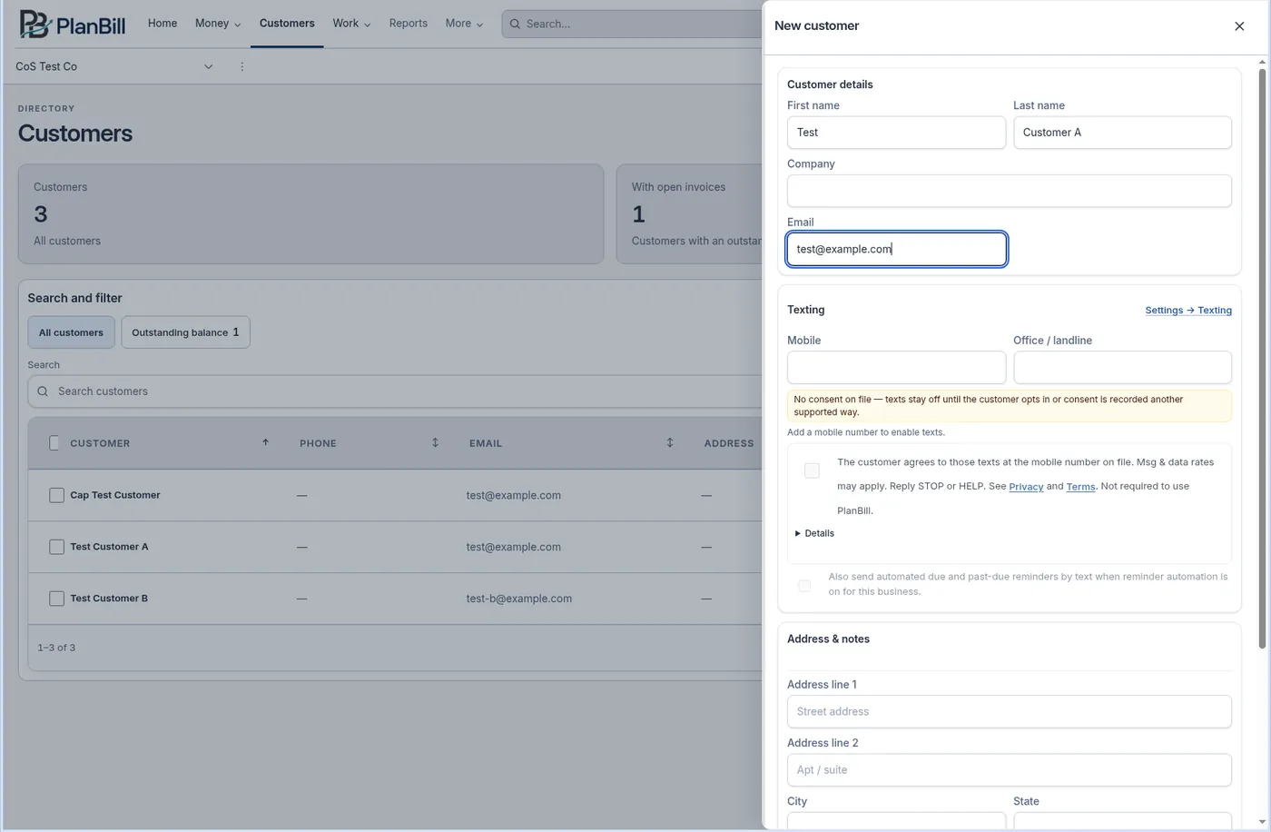 The New customer sheet with first name, last name, and a test email filled in under Customer details.