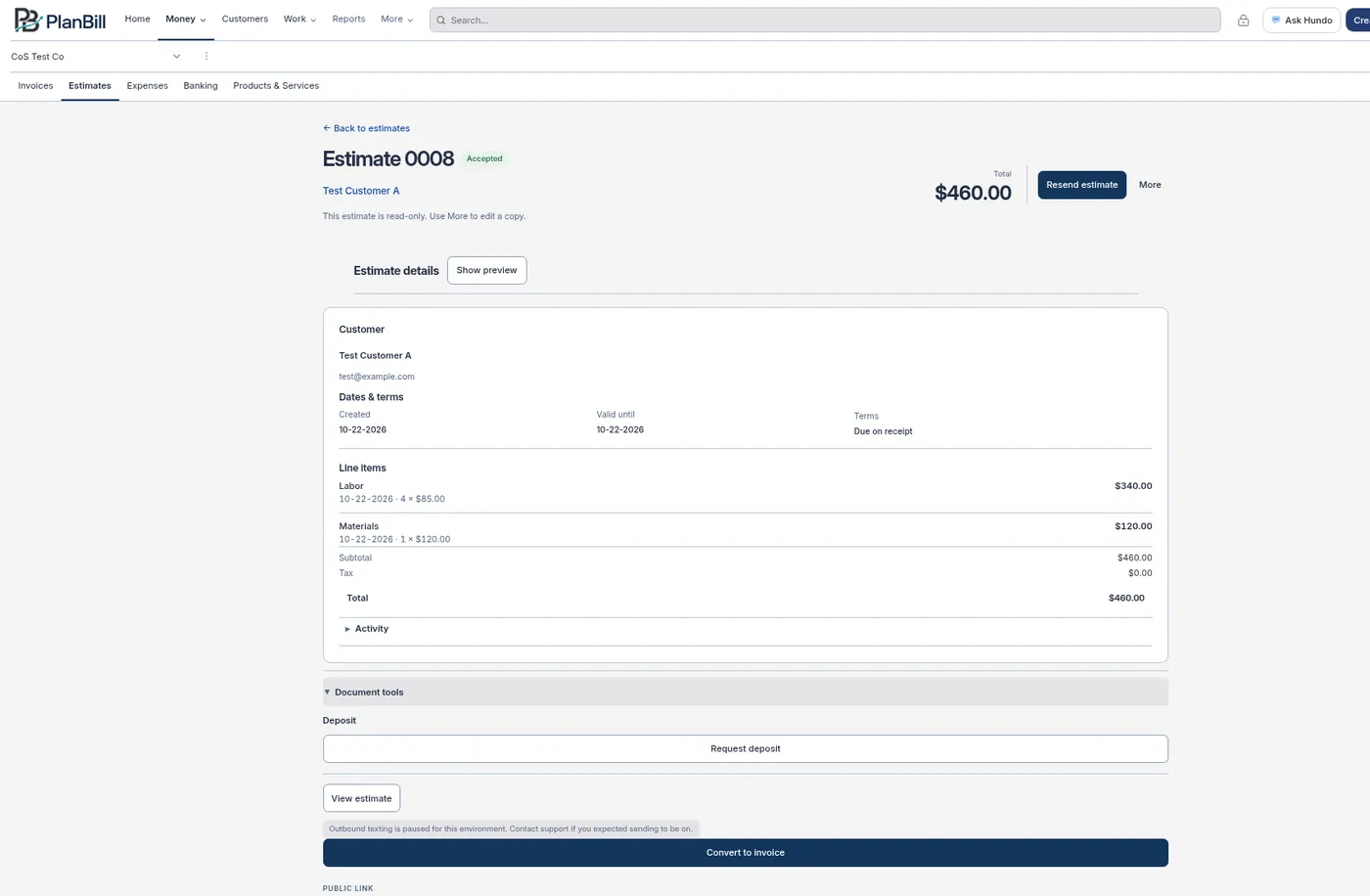 An accepted estimate for Test Customer A with the Convert to invoice button below the details.