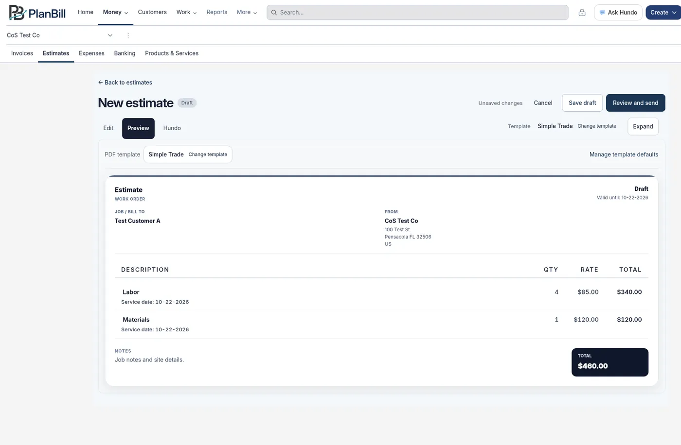 A new estimate preview for Test Customer A with Labor and Materials lines and a $460.00 total.