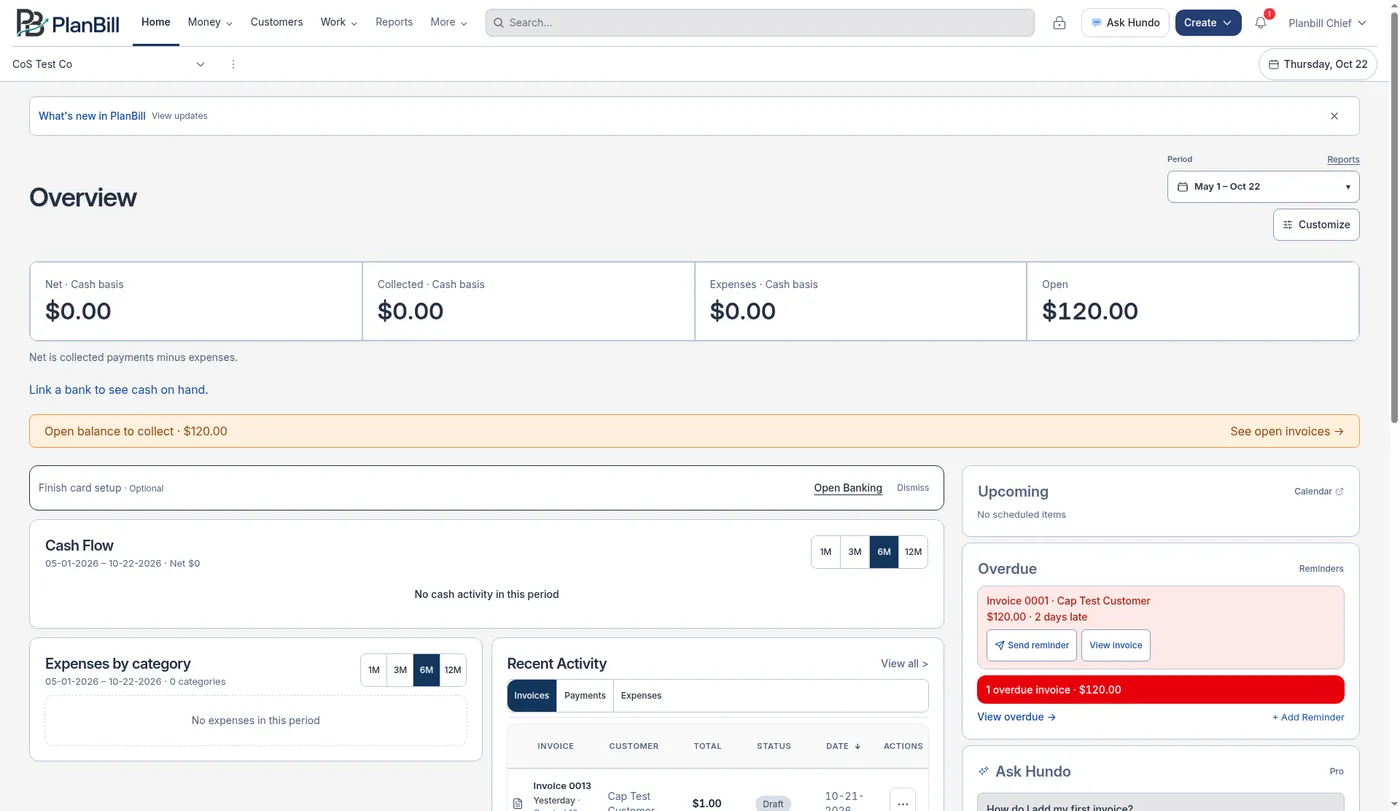 PlanBill Home with the top menu (Home, Money, Customers, Work, Reports, More), the Overview totals, and an overdue invoice.
