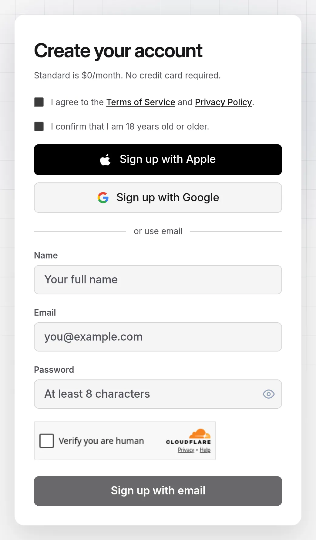 The Create your account form with Sign up with Apple, Sign up with Google, and fields for name, email, and password.