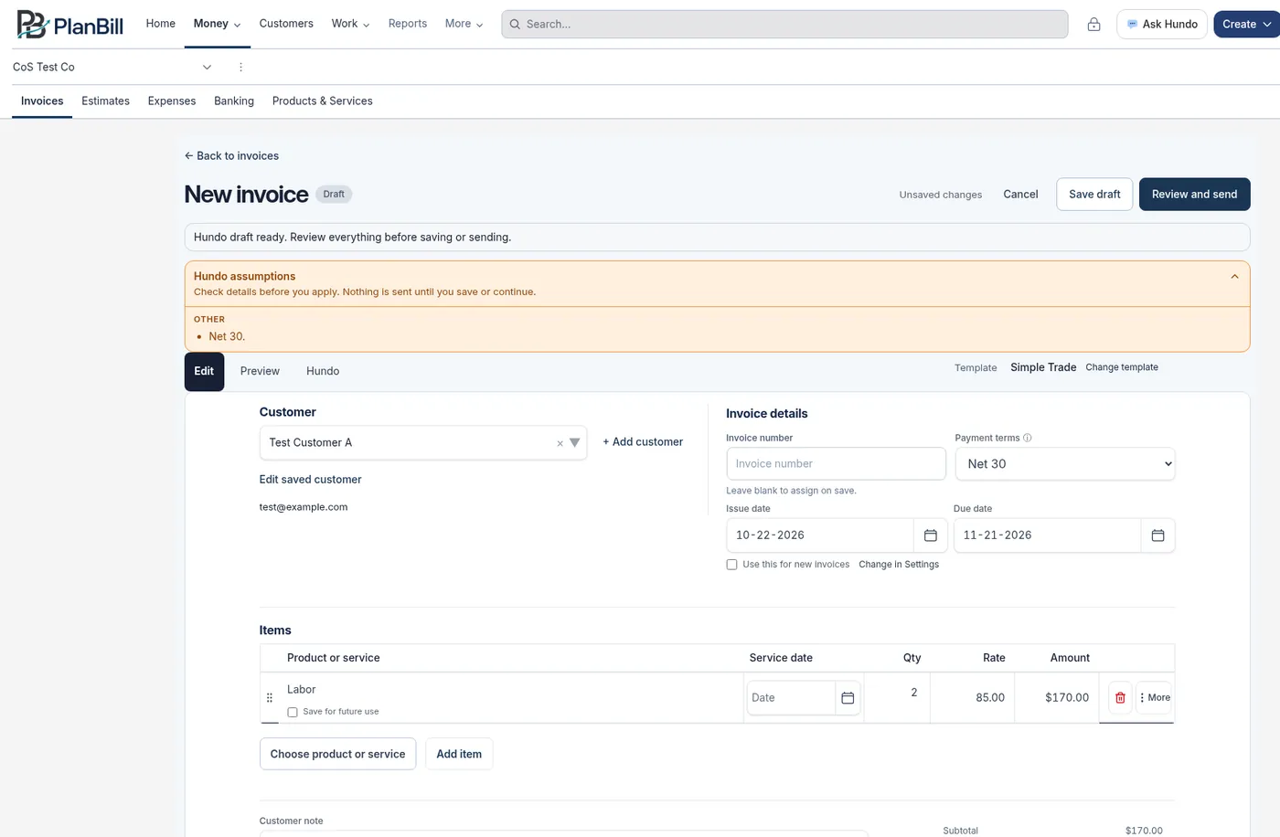 A new invoice drafted by Hundo, with the Hundo assumptions box, Test Customer A, and one Labor line.