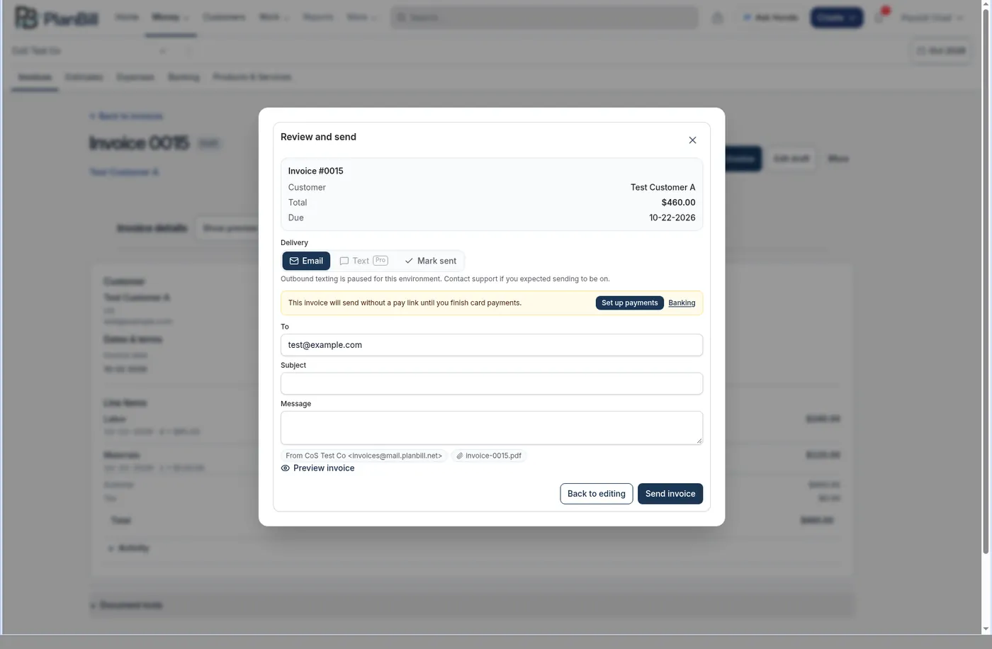 The Review and send dialog with Email selected, Text and Mark sent beside it, and the Send invoice button.