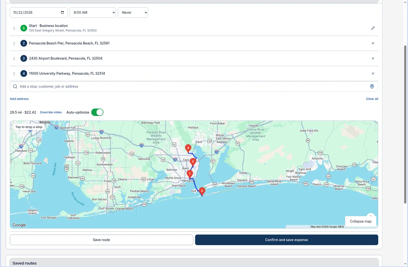 Log a route with a start, three stops, the Auto-optimize switch, a map of the route, and the Save route button.