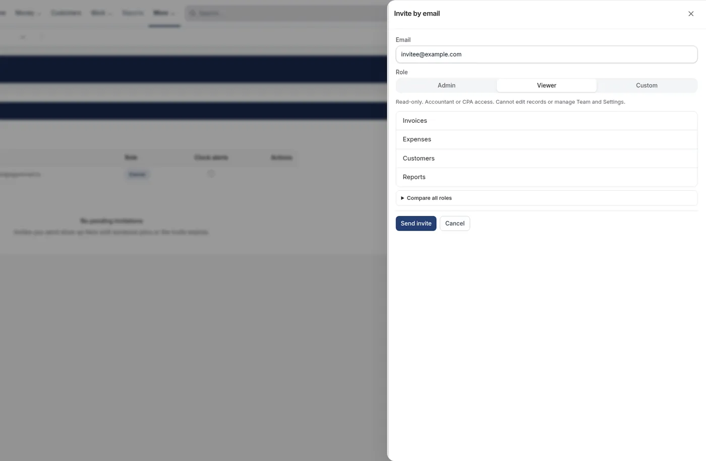 The Invite by email panel with an email address filled in and the Viewer role selected.
