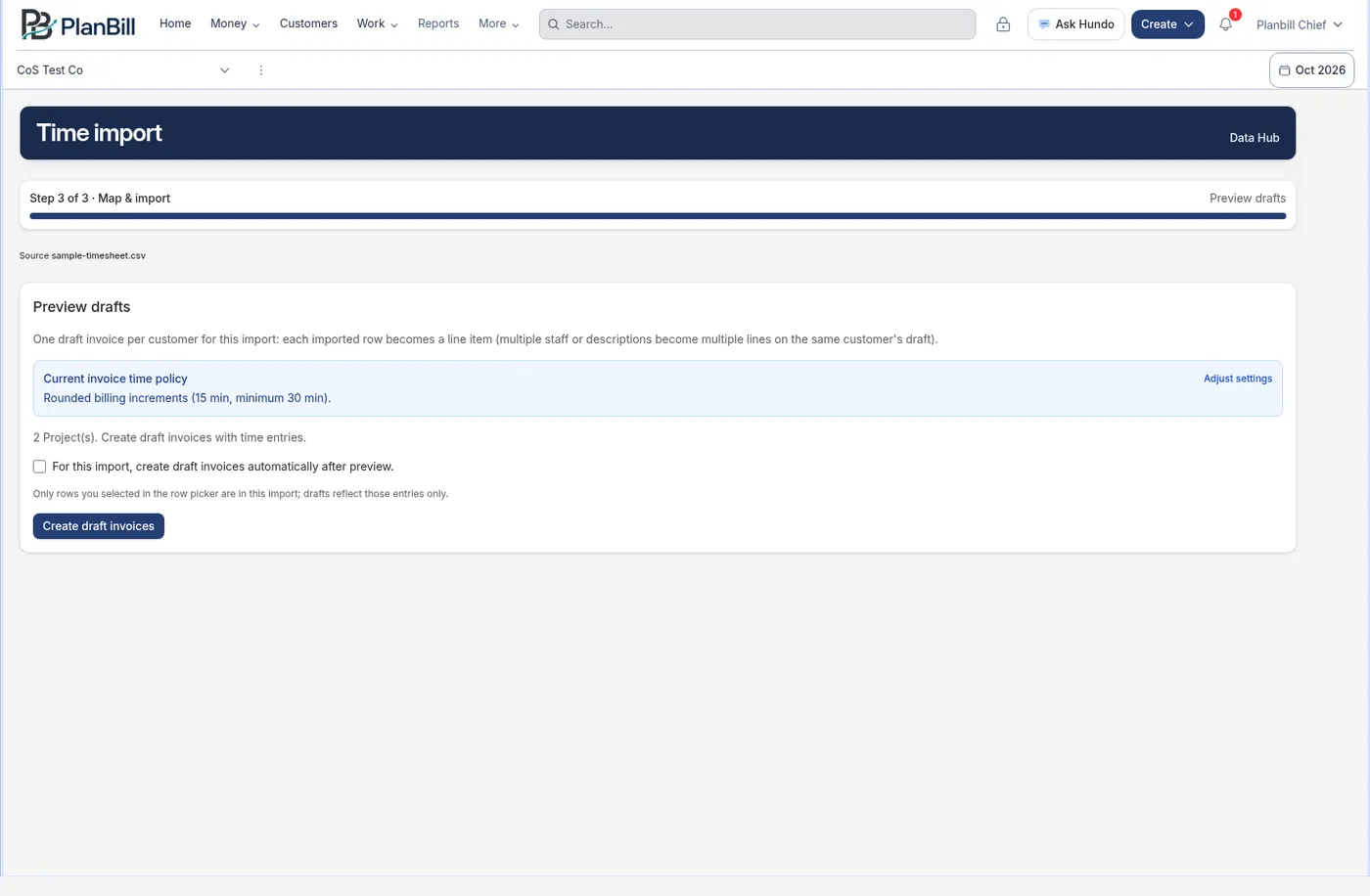 The Preview drafts step of Time import with the Create draft invoices button.