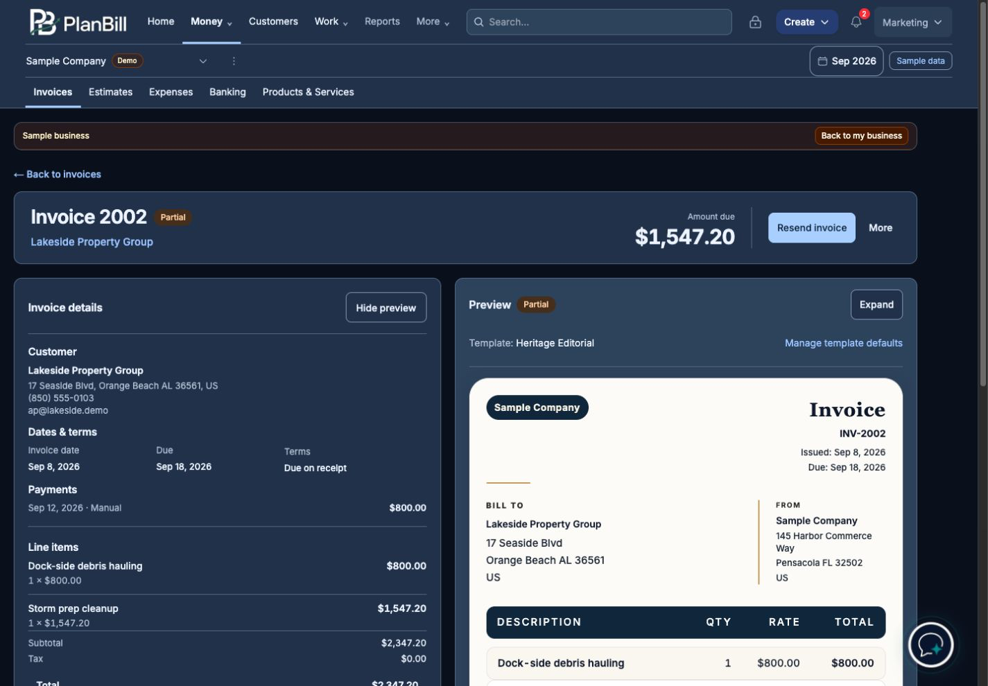 Invoice 2002 with its customer details, remaining balance, and Heritage Editorial document preview, dark mode
